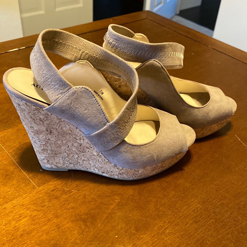 Gray suede and cork wedges